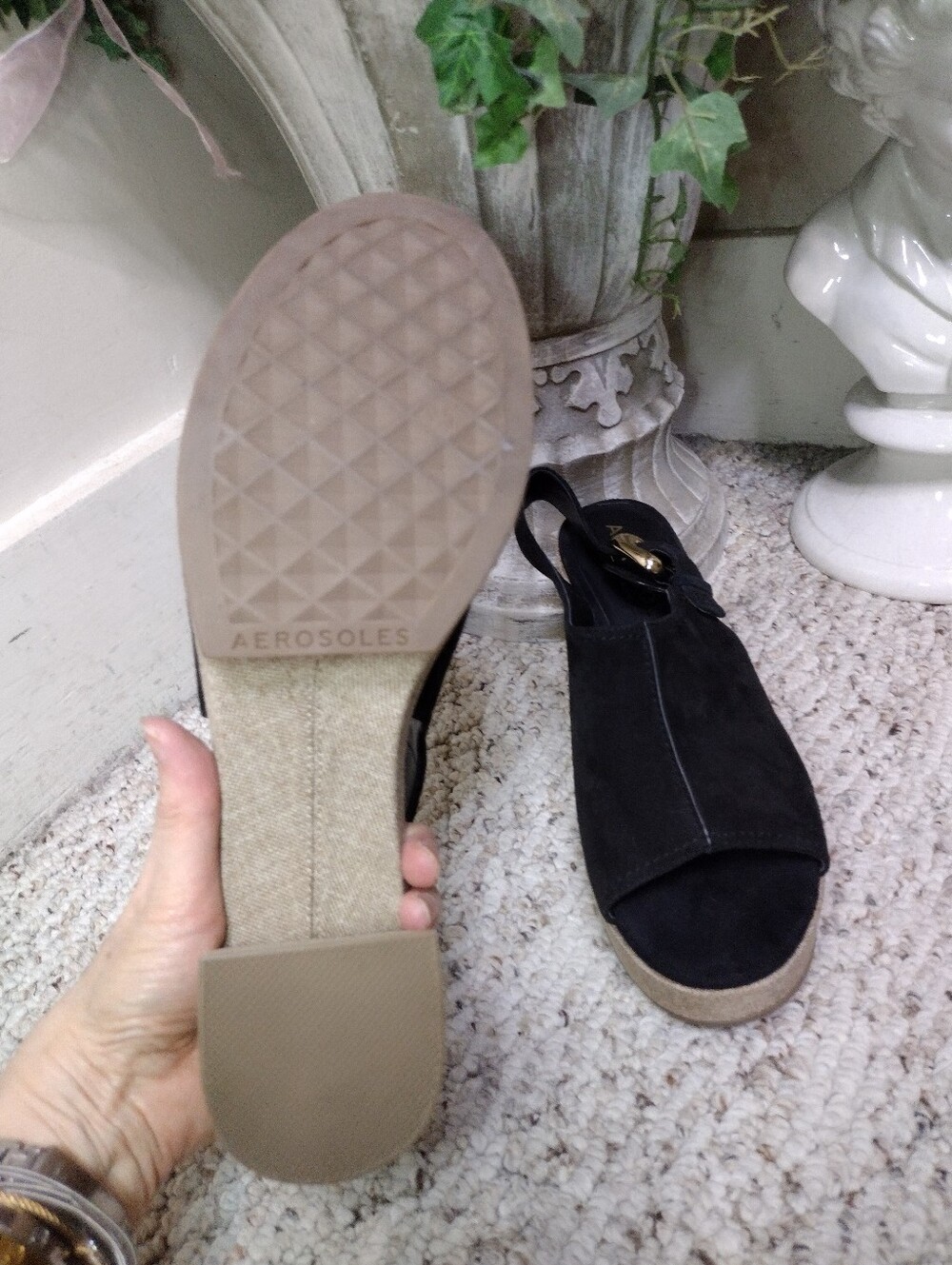 AEROSOLES Studio Zella Black Suede & Taupe Linen Platform Slingback Sandals - Picture 6 of 9